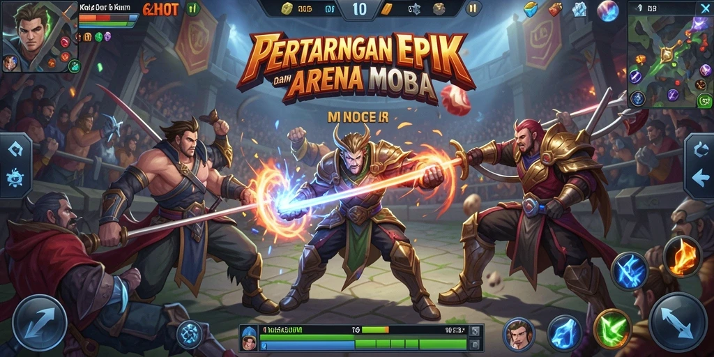 Tampilan gameplay seru dalam arena pertarungan MOBA.