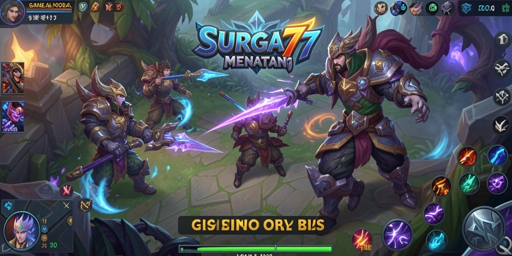 Screenshot gameplay SURGA77 menampilkan pertarungan antar hero yang seru.